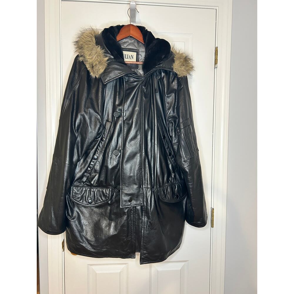 M Julian Wilsons Leather Black Hooded Parka Jacket Faux Fur Trim Large Coat